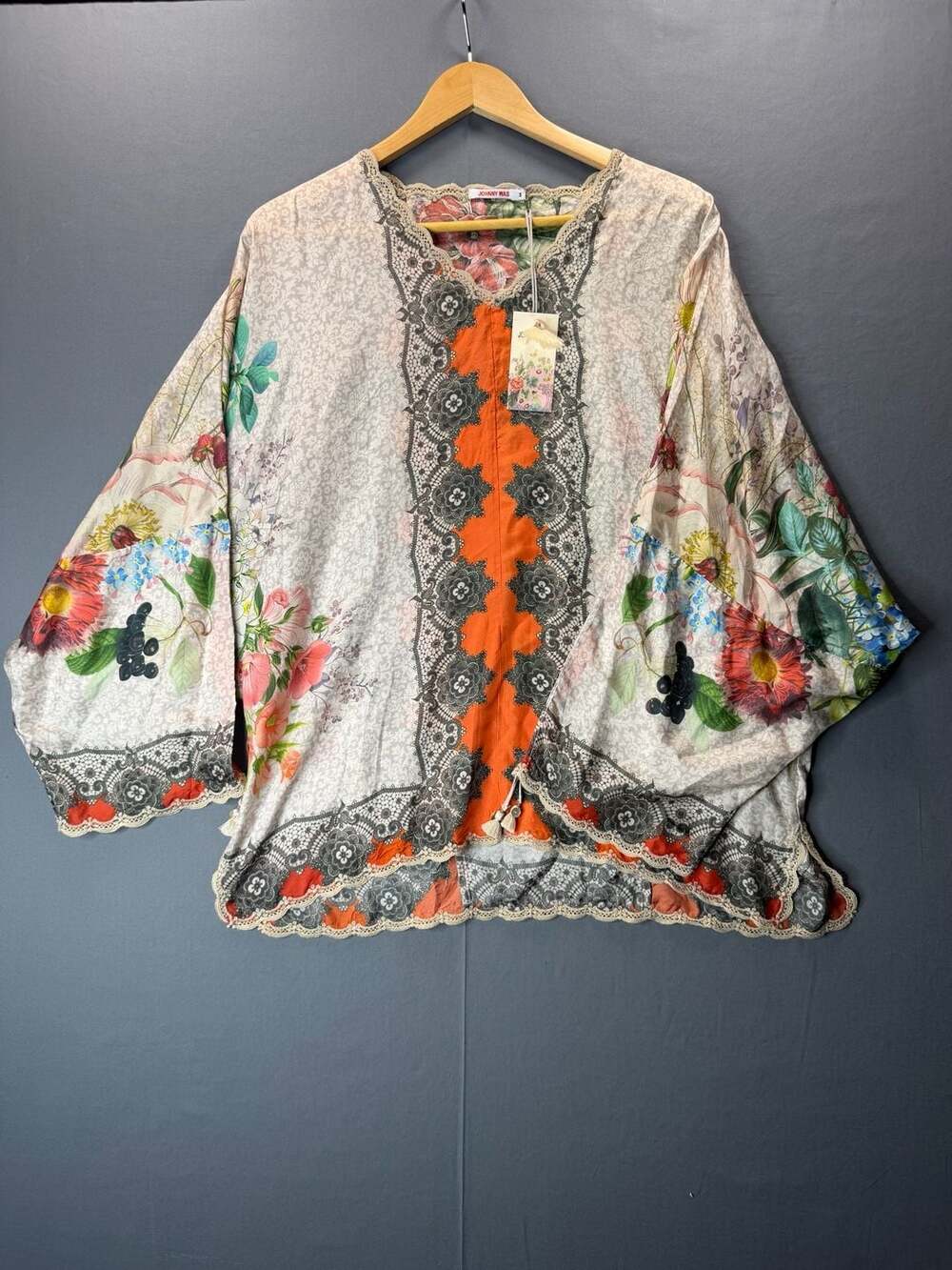 Johnny Was October Top M Floral Silk Tunic Blouse Boho Lace Tassel Crochet Trim